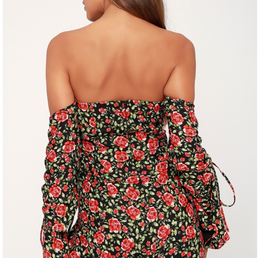 Black Floral Print Long Sleeve Off-the-Shoulder D - Picture 2 of 5